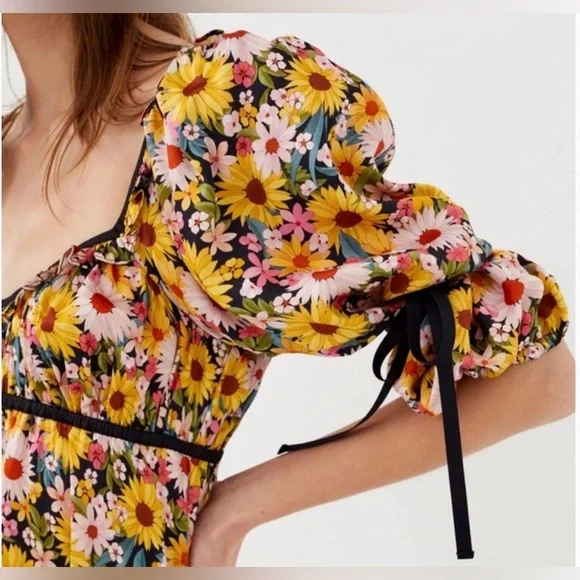 For Love & Lemons Daisy Floral Babydoll Mini Dress Puff Sleeve Cottagecore